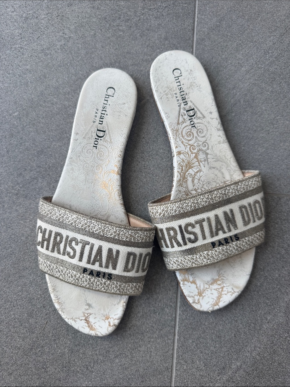 Dior White & Beige Christian Dior Logo Slide Sandals 81/2